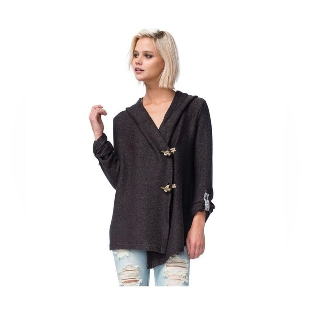 ROXY Womens Rise Up Hooded Cardigan Sweater Size L Wooden Toggle Roll-Tab Sleeve